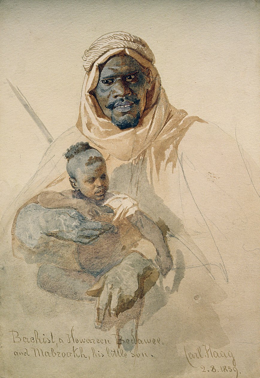 बाचिस्ट, एक हावाज़ीन बेदावी और मबज़ुख, उनका छोटा बेटा, 1859 (कागज पर पेंसिल और wc धो) द्वारा कार्ल हाग