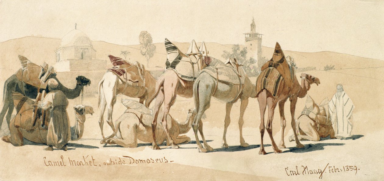 कैमल मार्केट के बाहर दमिश्क, 1859 (कागज पर पेंसिल और धो) द्वारा कार्ल हाग