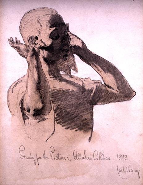 चित्र प्रार्थना, चित्र के लिए एक अध्ययन, अल्लाह अकबर, 1873 (कागज पर पेंसिल और पानी के रंग का धोना) द्वारा कार्ल हाग