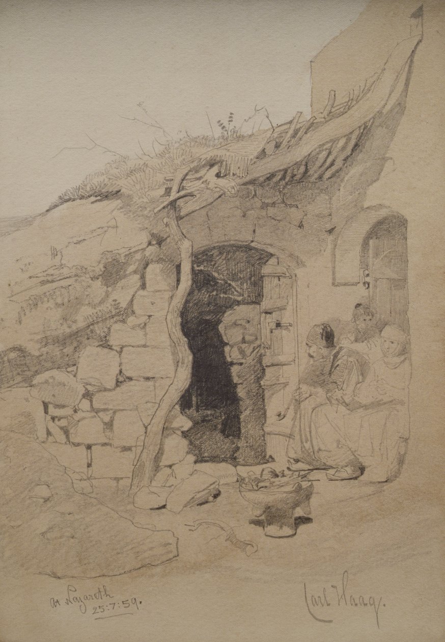 एक घर के बाहर बैठे तीन आंकड़े, नासरत, 1859 (कागज पर पेंसिल और धोएं) द्वारा कार्ल हाग