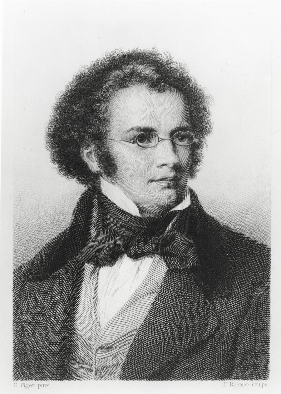 फ्रांज़ स्कुबर्ट (1797-1828) के पोर्ट्रेट एच। रोमर द्वारा उत्कीर्ण द्वारा कार्ल जेगर