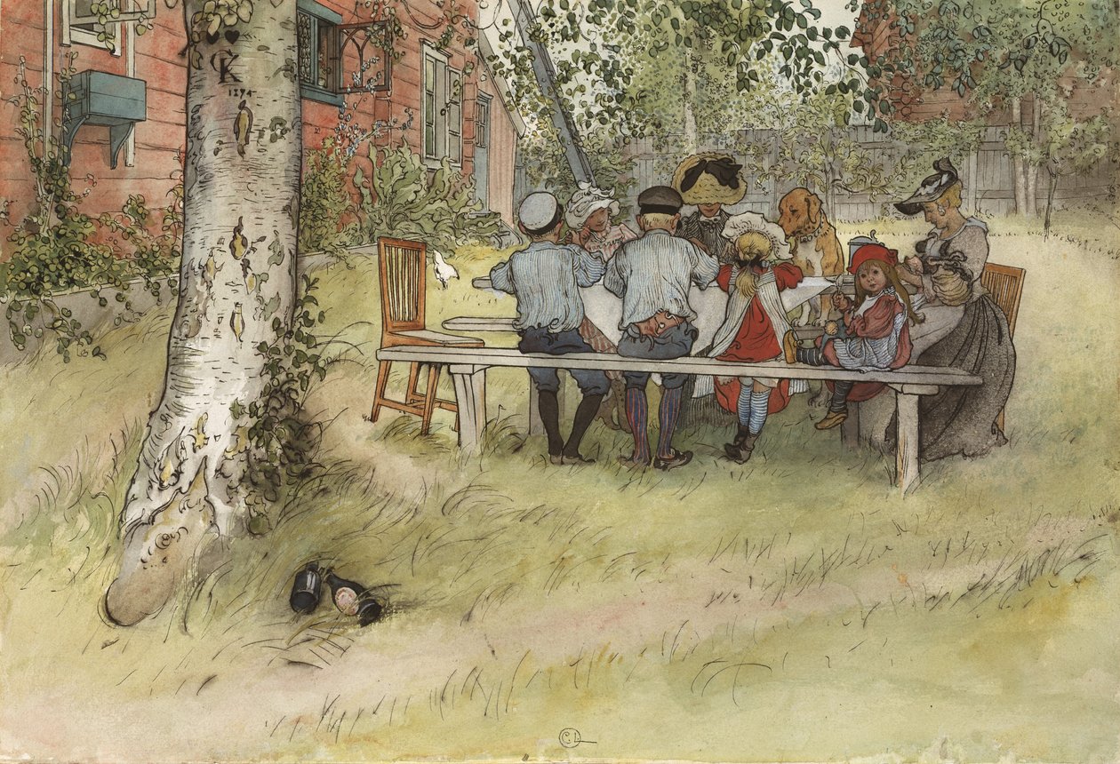 बिग बिर्च के तहत नाश्ता, ए होम सीरीज़ से, c.1895 (wc पेपर पर) द्वारा कार्ल लार्सन