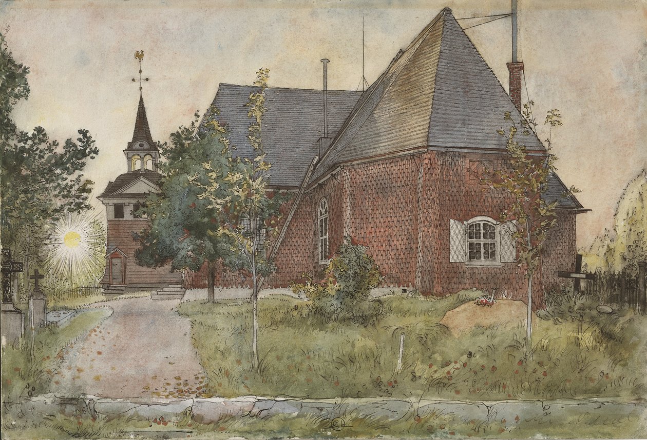 ओल्ड सनबोर्न चर्च, ए होम सीरीज़ से, c.1895 (wc पेपर पर) द्वारा कार्ल लार्सन