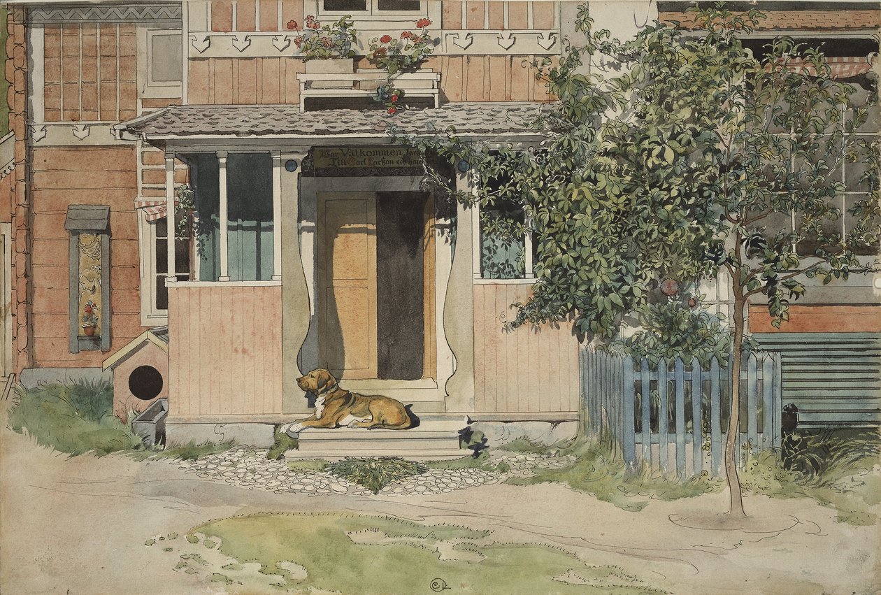 द वेरैंडाह, ए होम सीरीज़ से, c.1895 (wc पेपर पर) द्वारा कार्ल लार्सन