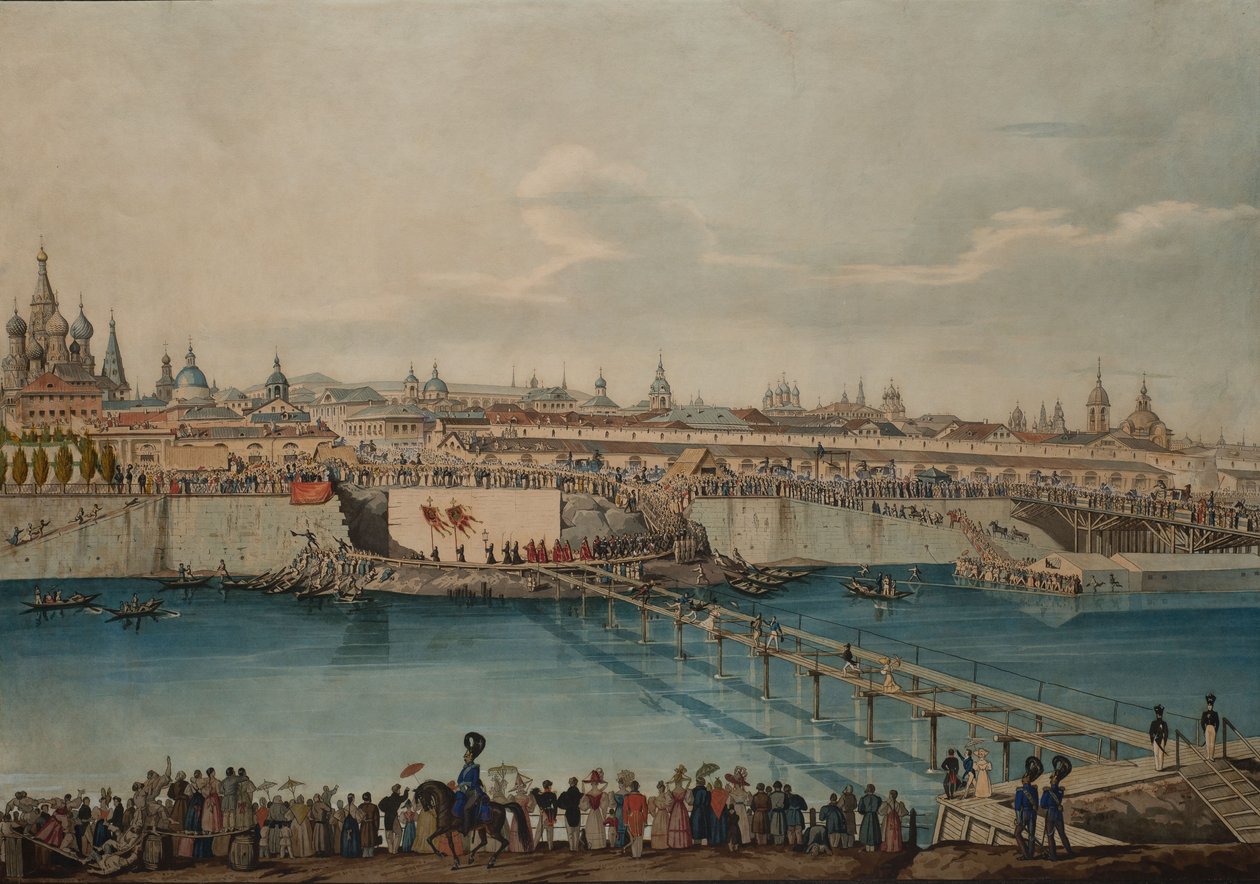 मॉस्को, 1830 में मॉस्कोवॉर्तस्की ब्रिज के लिए आधारशिला बिछाने समारोह। द्वारा कार्ल वॉन हम्पेलन