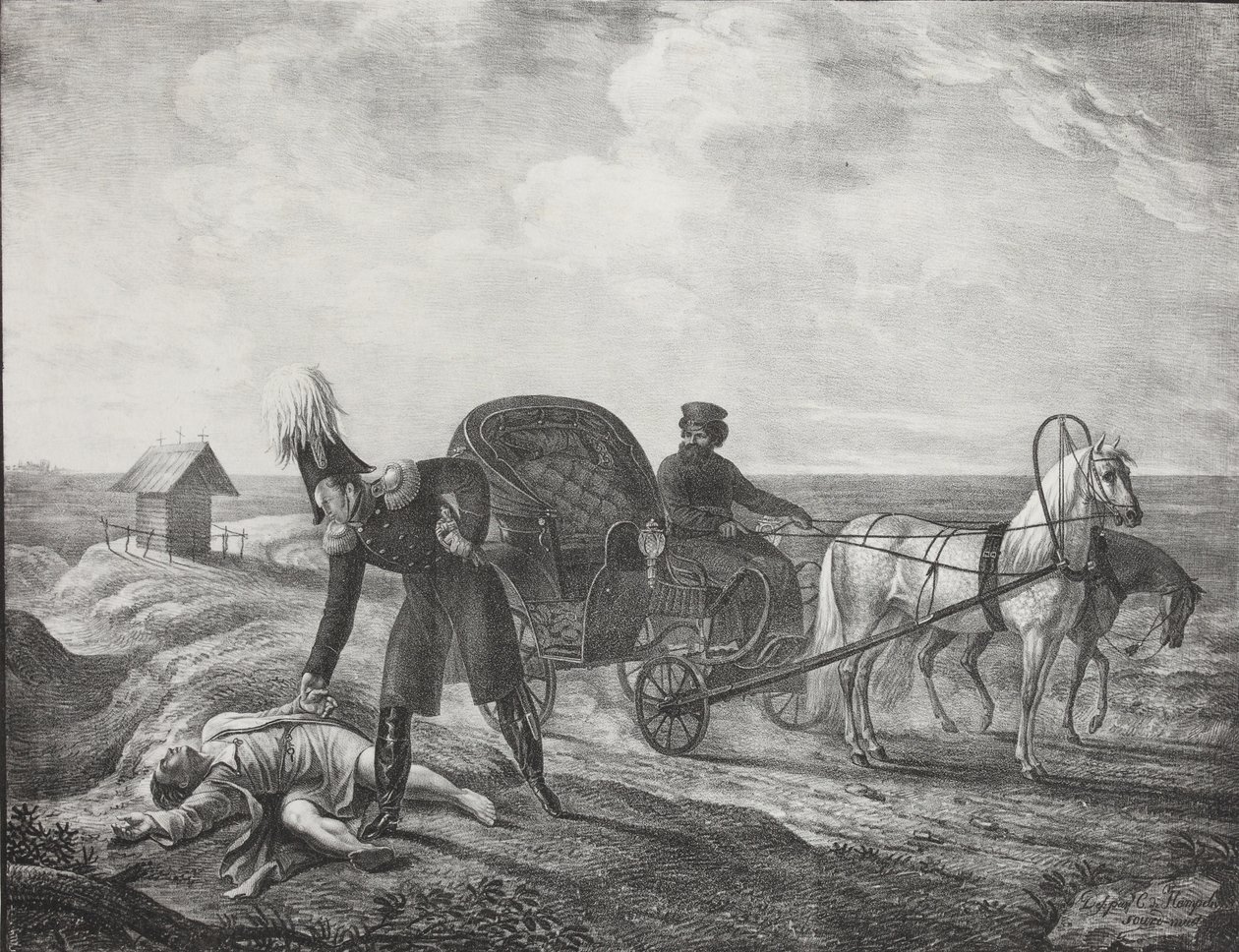 सम्राट अलेक्जेंडर I एक जरूरतमंद व्यक्ति की मदद करता है, 1820। द्वारा कार्ल वॉन हम्पेलन