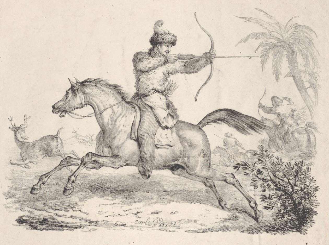घोड़े की पीठ पर शिकार करने वाले हिरण, 1821-36। द्वारा कारल वर्नेट