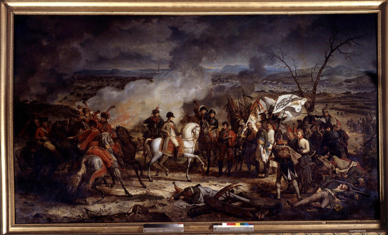 नेपोलियन युद्ध: "" सम्राट नेपोलियन I (1769-1821) 2/12/1805 को ऑस्टरलिट्ज़ की लड़ाई के दौरान। एंटोनी वर्नेट द्वारा पेंटिंग (1758-1836) 1805 बोइसी सेंट लेगर। शैटो डी ग्रोस्बोइस द्वारा कारल वर्नेट