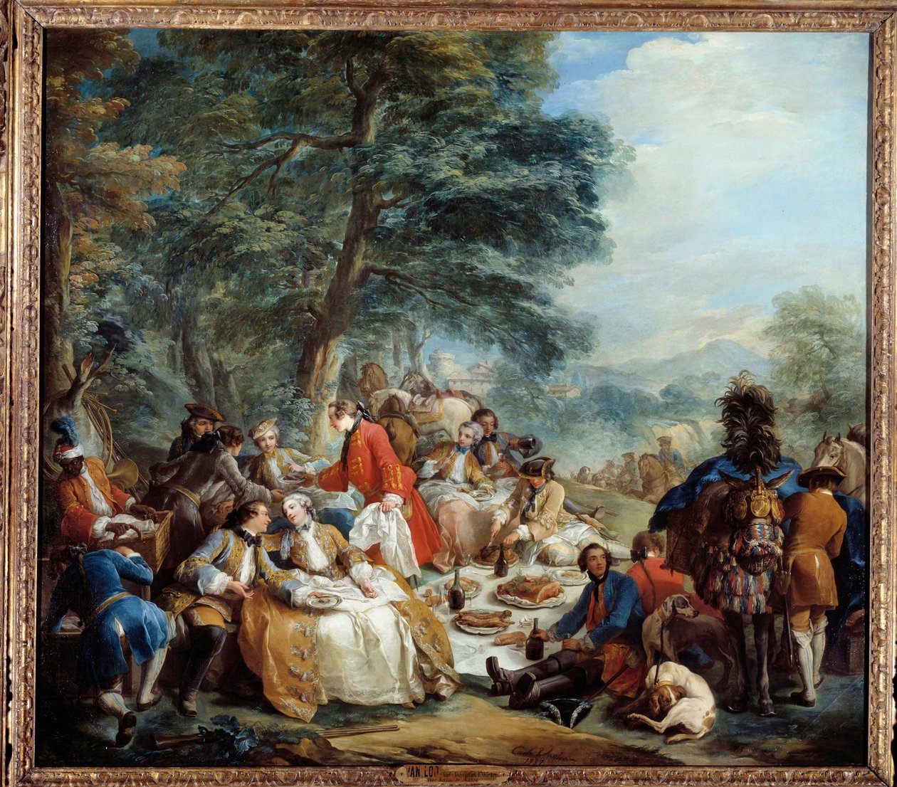 शिकार रोकना शिकार के खेल के दौरान रईसों का पिकनिक। चार्ल्स आंद्रे वैन लू (1705-1765) द्वारा 18वीं सदी के सूर्य की पेंटिंग। 2,2x2,5 मी. द्वारा कारल वैन लू