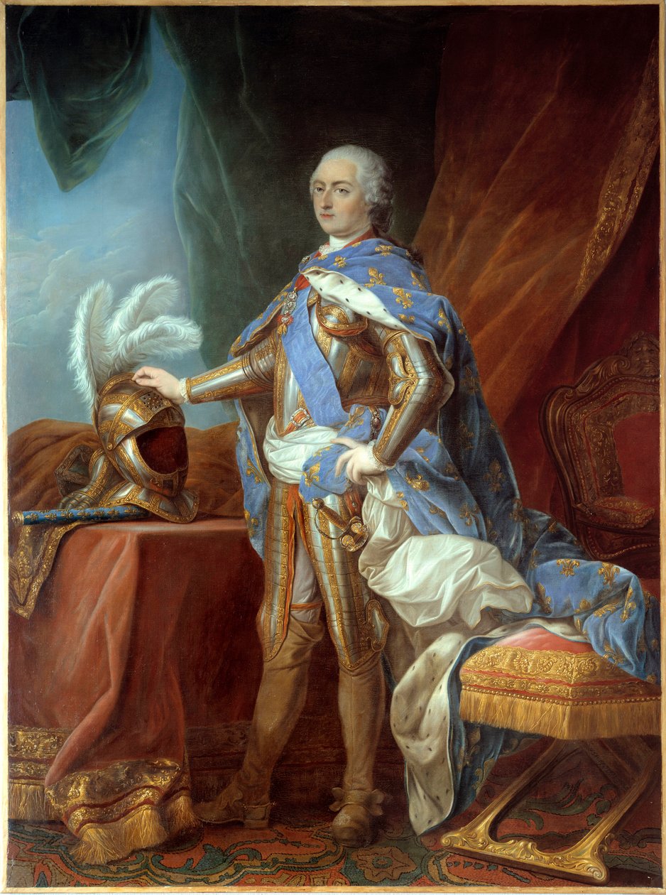 लुई XV (1710-1774) के पैर में पोर्ट्रेट, कवच में, हाथ को पतवार पर रखा गया। कार्ले वैन लू (1705-1765) द्वारा पेंटिंग, कैनवास पर तेल (271 x 193 सेमी) द्वारा कारल वैन लू