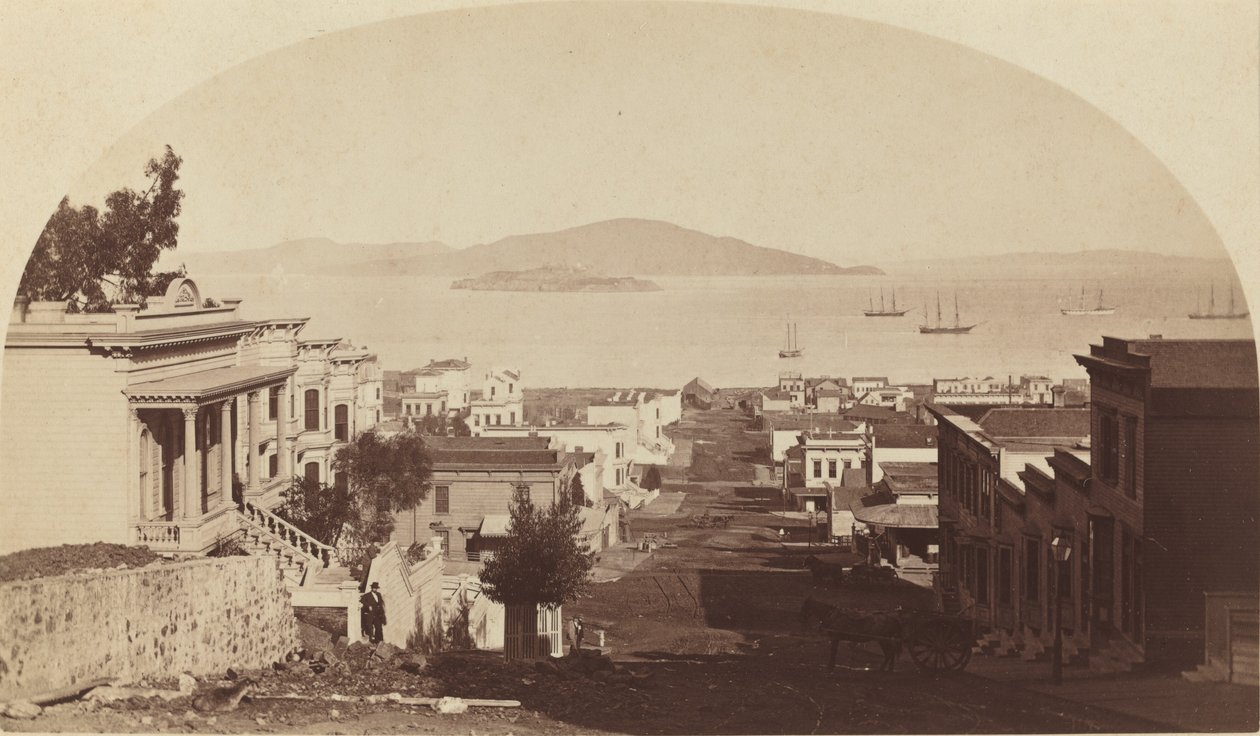अलकाट्राज़ द्वीप और सैन फ्रांसिस्को खाड़ी, उत्तर की ओर देखते हुए, 1880 के दशक। द्वारा कार्लटन एम्मन्स वॉटकिंस