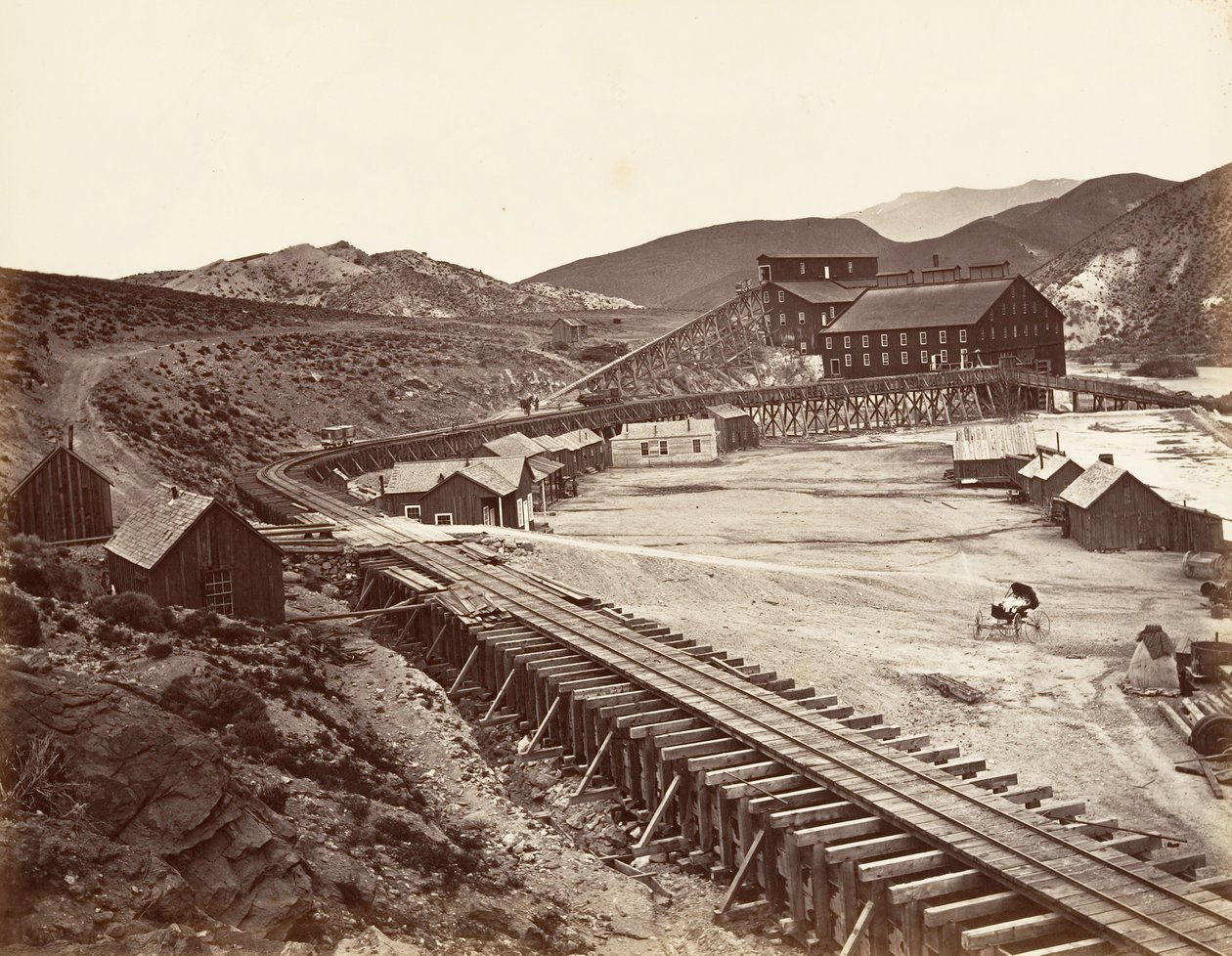यूरेका क्वार्ट्ज मिल और फ्लूम, नेवादा, 1875, सीए मुद्रित। 1876. द्वारा कार्लटन एम्मन्स वॉटकिंस