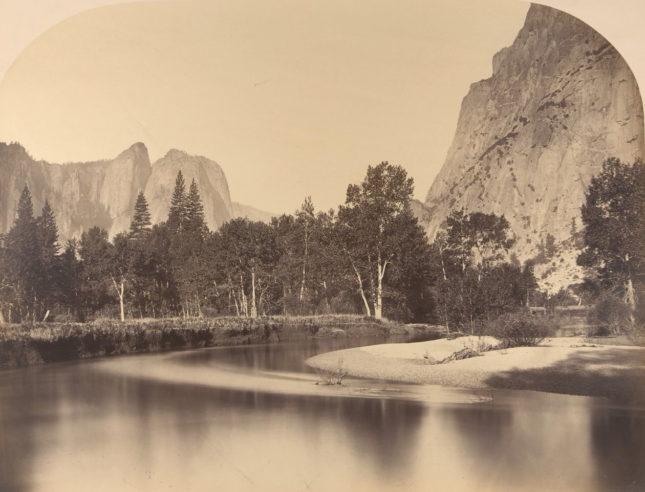 रिवर व्यू, डाउन द वैली, कैथेड्रल रॉक ऑन लेफ्ट, 1861, योसेमाइट। द्वारा कार्लटन एम्मन्स वॉटकिंस