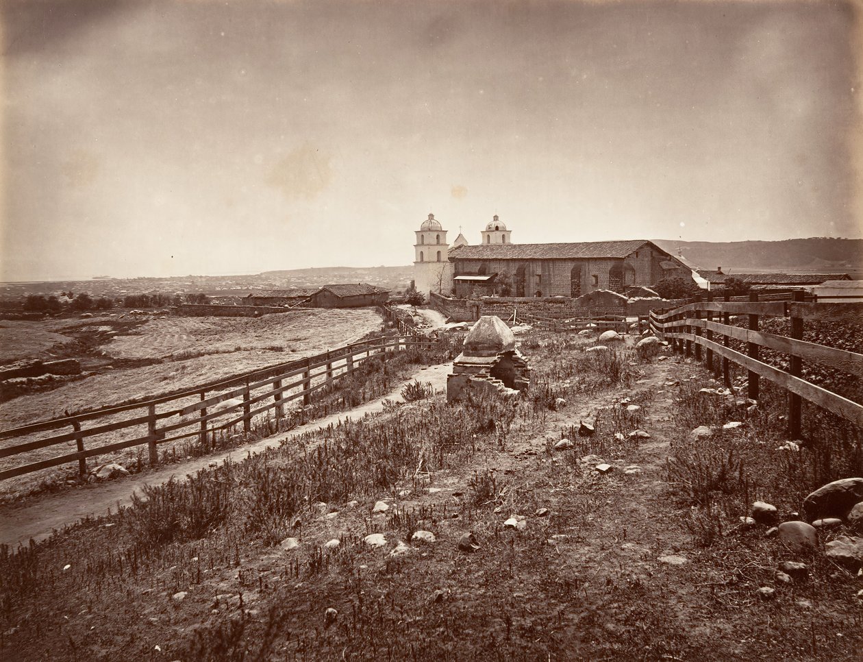 सांता बारबरा और मिशन चर्च, 1876, सीए मुद्रित। 1876. द्वारा कार्लटन एम्मन्स वॉटकिंस