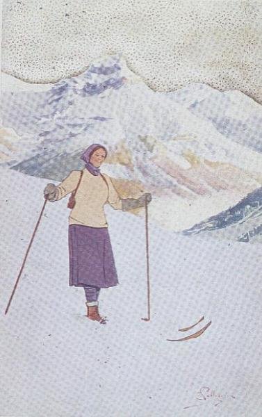 एंगेलबर्ग, स्विट्ज़रलैंड के ढलानों पर स्कीयर (रंगीन लिथो) द्वारा कार्लो पेलेग्रिनी