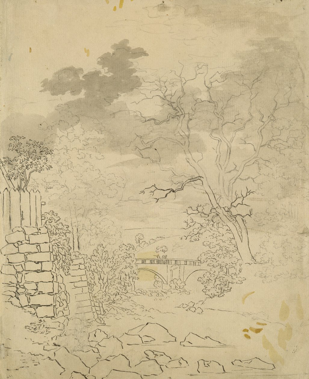 पुल के साथ स्ट्रीम, c.1799 (कागज पर पेंसिल, कलम और स्याही) द्वारा कैस्पर डेविड फ्रेडरिक