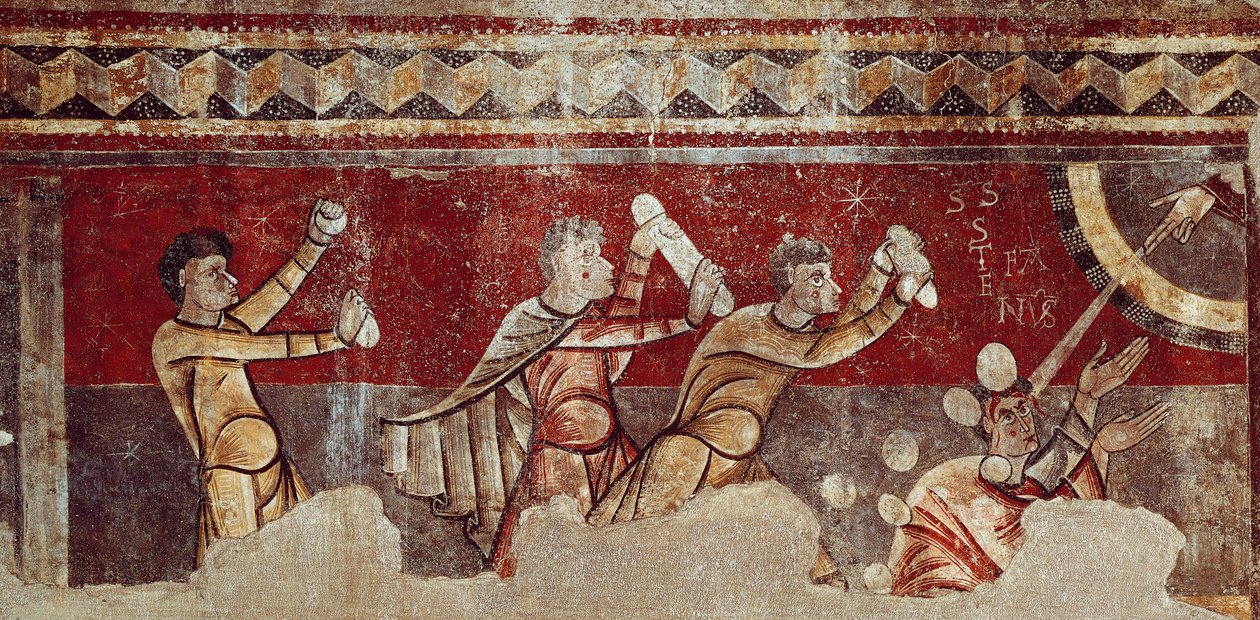 द स्टोनिंग ऑफ़ सेंट स्टीफ़न, c.1100 (फ्रेस्को को कैनवास पर स्थानांतरित किया गया) द्वारा कैटलन स्कूल