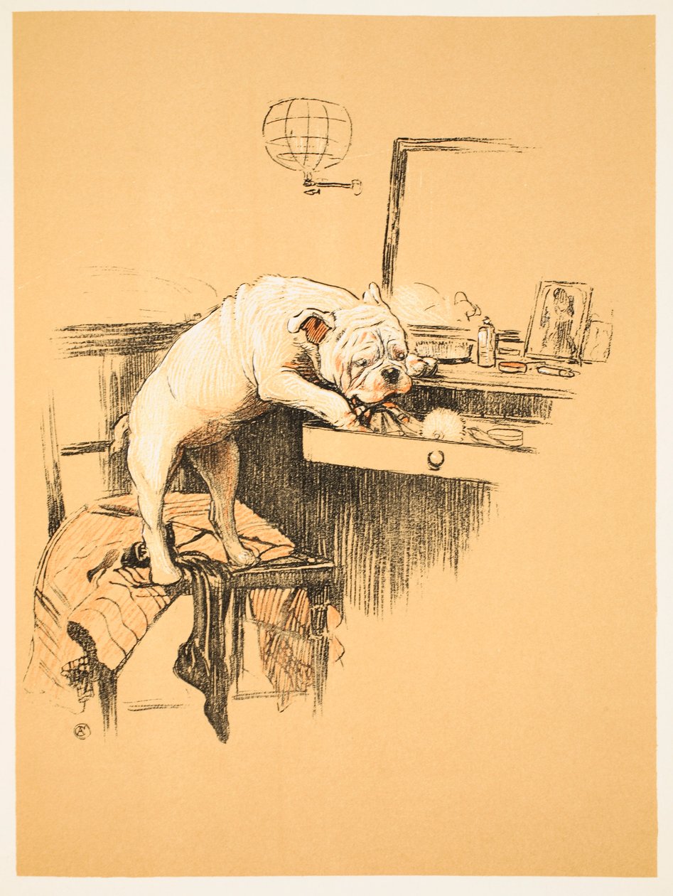 लेफ्ट अलोन ने अपने ड्रेसिंग रूम में, &39;ए गे डॉग, ए फुलिश ईयर की कहानी&39; से एल्डिन, सेसिल चार्ल्स विंडसर (1870-1935), विलियम हेनमैन, 1905 को प्रकाशित किया। चित्रण, प्रथम संस्करण, पा पर क्रॉक और क्रेयॉन द्वारा सेसिल चार्ल्स विंडसर एल्डिन