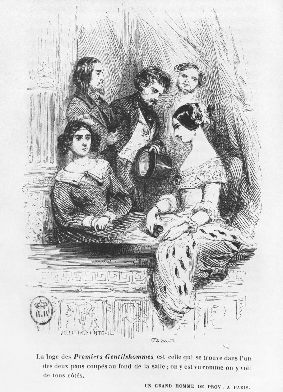 द फर्स्ट जेंटलमेन थिएटर बॉक्स, 1842 में प्रकाशित होनोर डी बाल्ज़ाक द्वारा &39;द लॉस्ट इल्यूशन्स&39; का चित्रण द्वारा सेलेस्टिन फ्रेंकोइस नेंटुइल