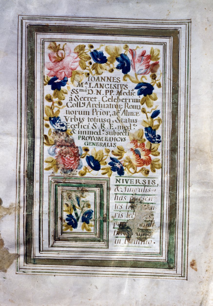 Giovanni Maria Lancisi द्वारा रोम में जारी मेडिकल डिग्री (1654-1720) द्वारा केंद्रीय इतालवी स्कूल