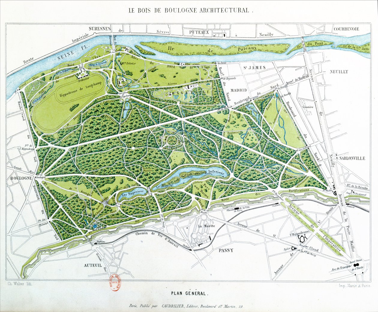 पेरिस में Bois de Boulogne की योजना, Caudrilier द्वारा प्रकाशित, 1860 द्वारा चौ। वाल्टर