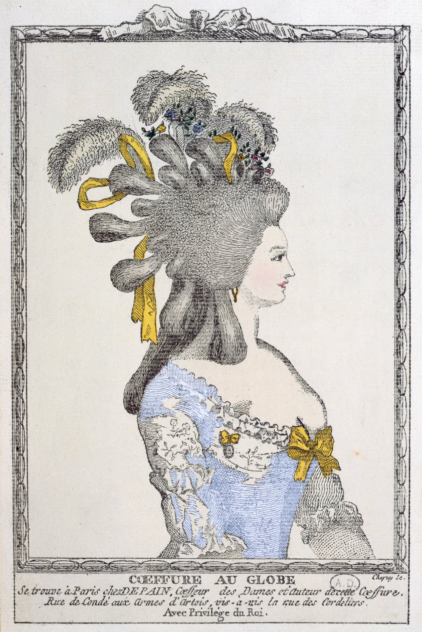 ग्लोब हेयरस्टाइल, c.1780 (रंग उत्कीर्णन) द्वारा Chapuy