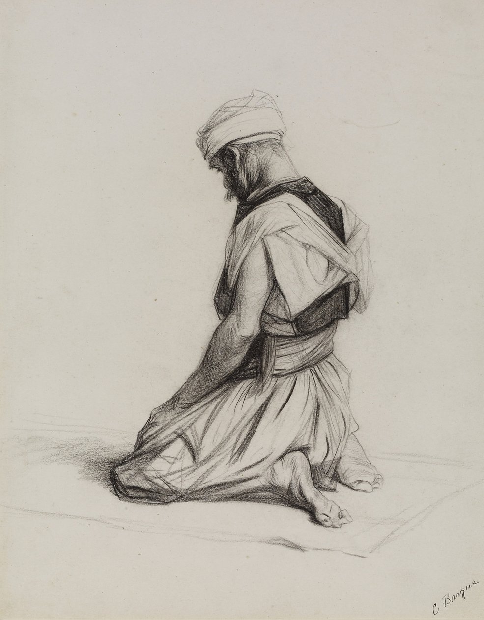 प्रार्थना में मुस्लिम, 1883 (कागज पर लकड़ी का कोयला) द्वारा चार्ल्स बार्ग्यू