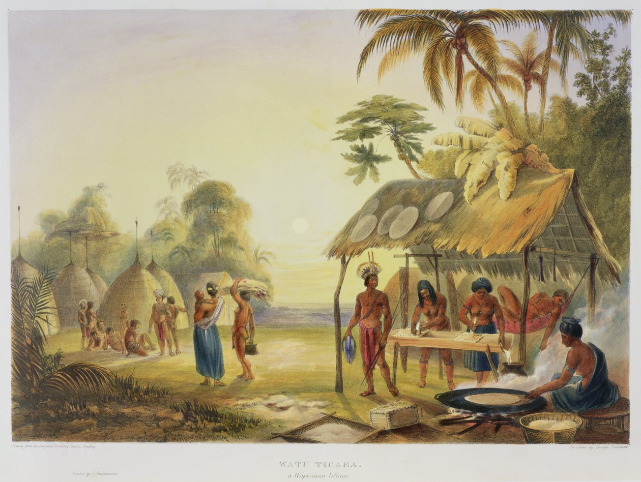 जॉर्ज बार्नार्ड (fl.1832-90) पब द्वारा उत्कीर्ण, &39;व्यूज इन द इंटीरियर ऑफ गयाना&39; से एक विगिसियाना गांव, वाटू टिकाबा। एकरमैन द्वारा, 1840 द्वारा चार्ल्स बेंटले