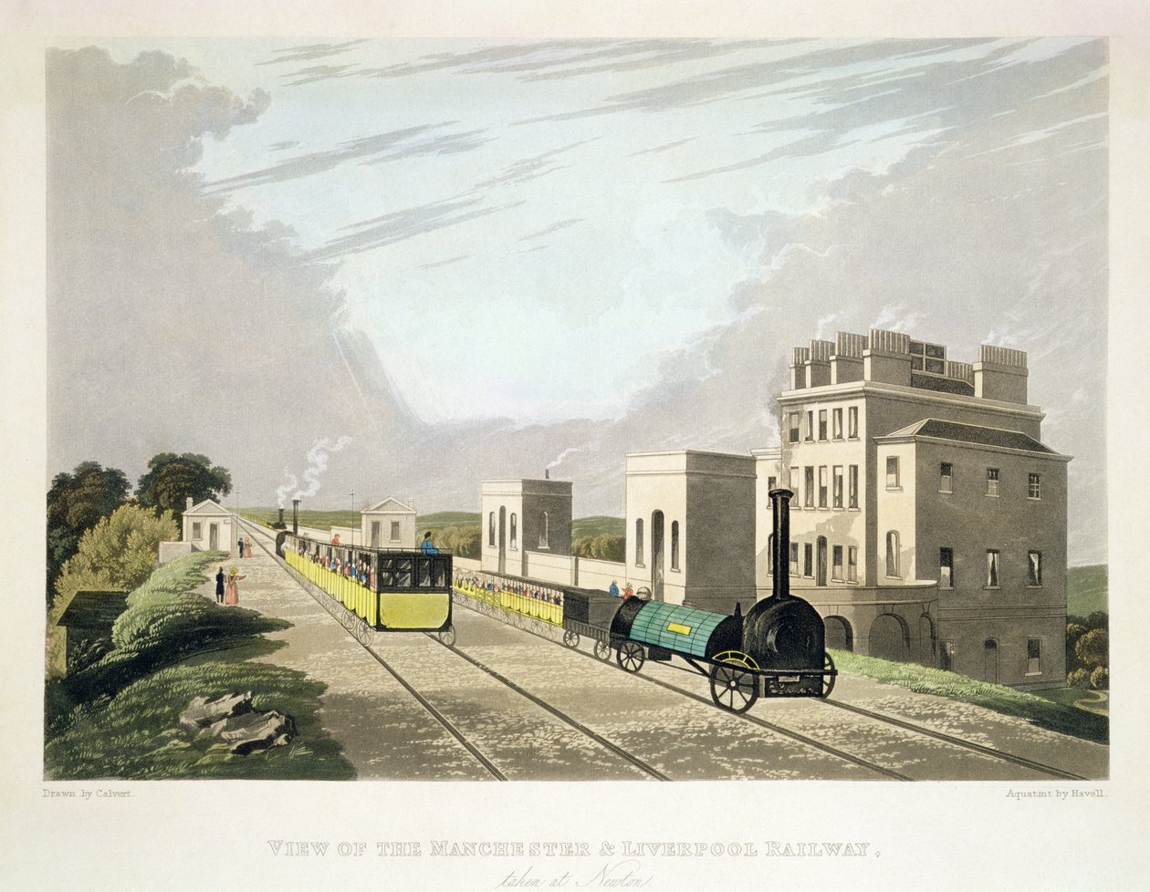मैनचेस्टर और लिवरपूल रेलवे का दृश्य, न्यूटन, 1825 में लिया गया, जिसे हेवेल (एक्वाटिंट) द्वारा उकेरा गया था द्वारा चार्ल्स कैलवर्ट