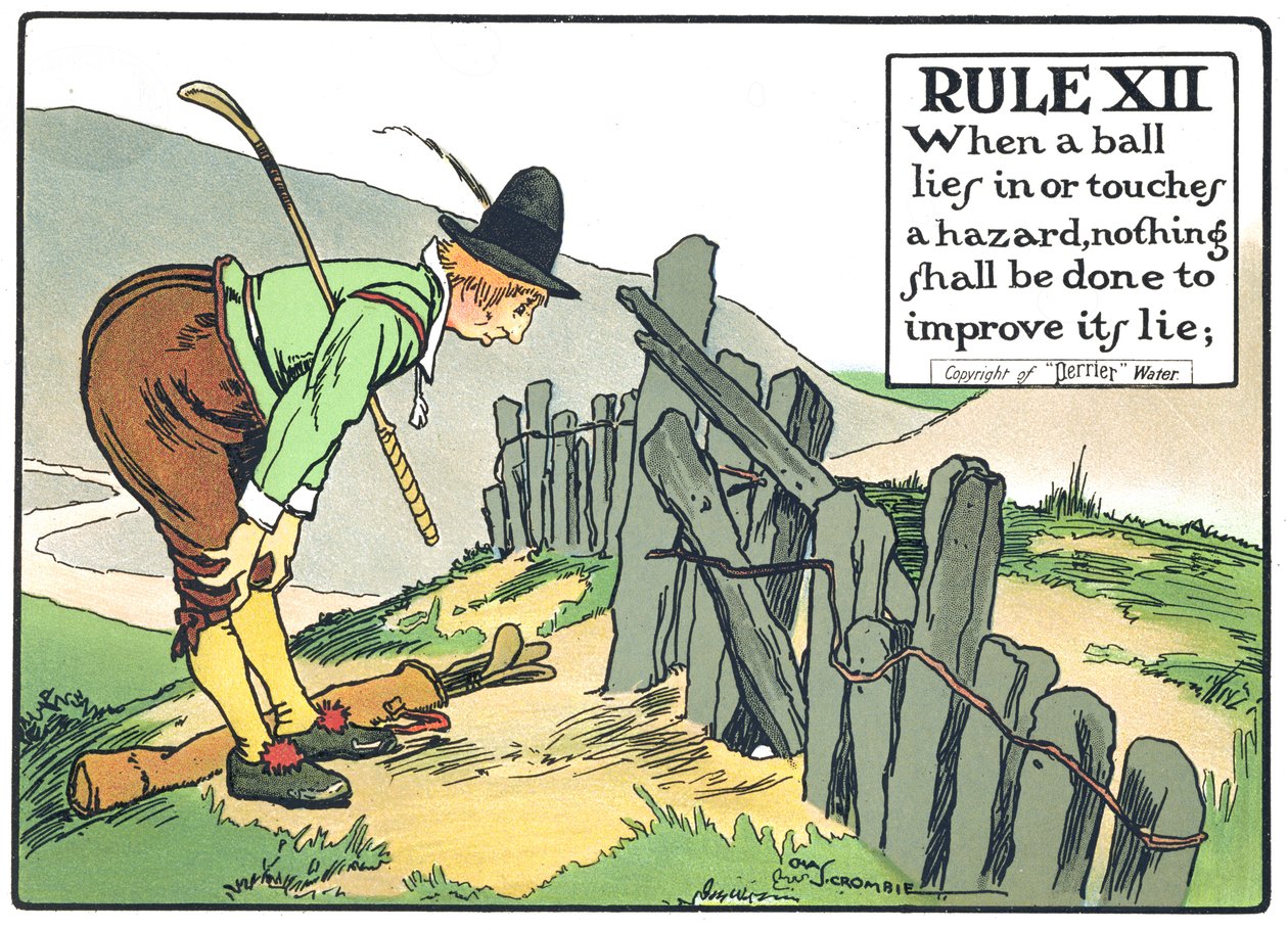 नियम XII: जब कोई गेंद किसी खतरे में पड़ती है या उसे छूती है, तो उसके झूठ को सुधारने के लिए कुछ भी नहीं किया जाएगा, &39;रूल्स ऑफ गोल्फ&39; से, प्रकाशित c.1905 द्वारा चार्ल्स क्रॉम्बी