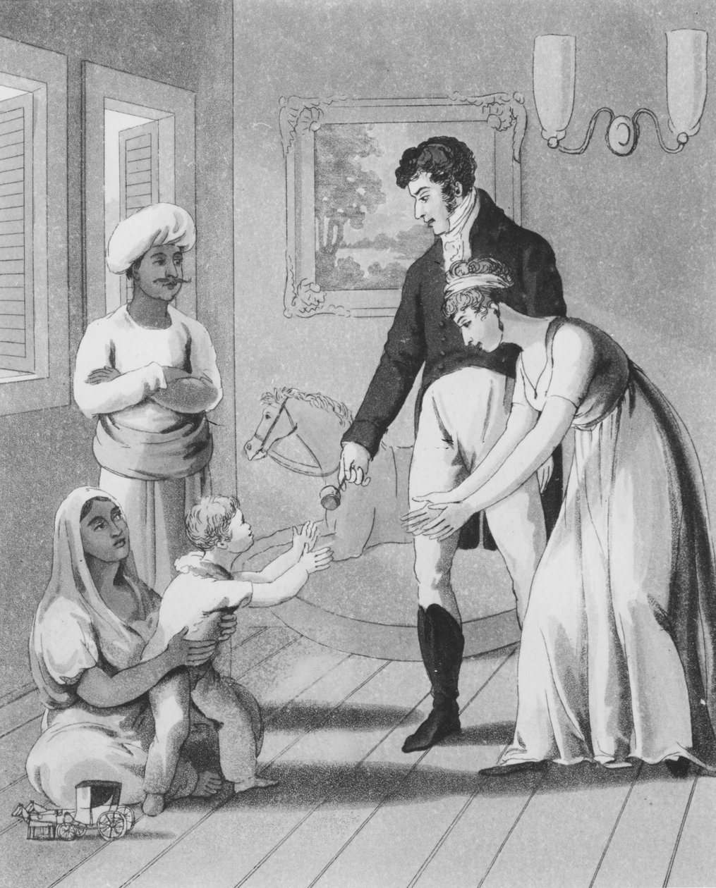 , द यूरोपियन इन इंडिया ’, 1813 (जलीय) से एक यूरोपीय महिला और उसका परिवार, जिसमें एक अयाह, या नर्स, ने भाग लिया था। द्वारा चार्ल्स डी ओली