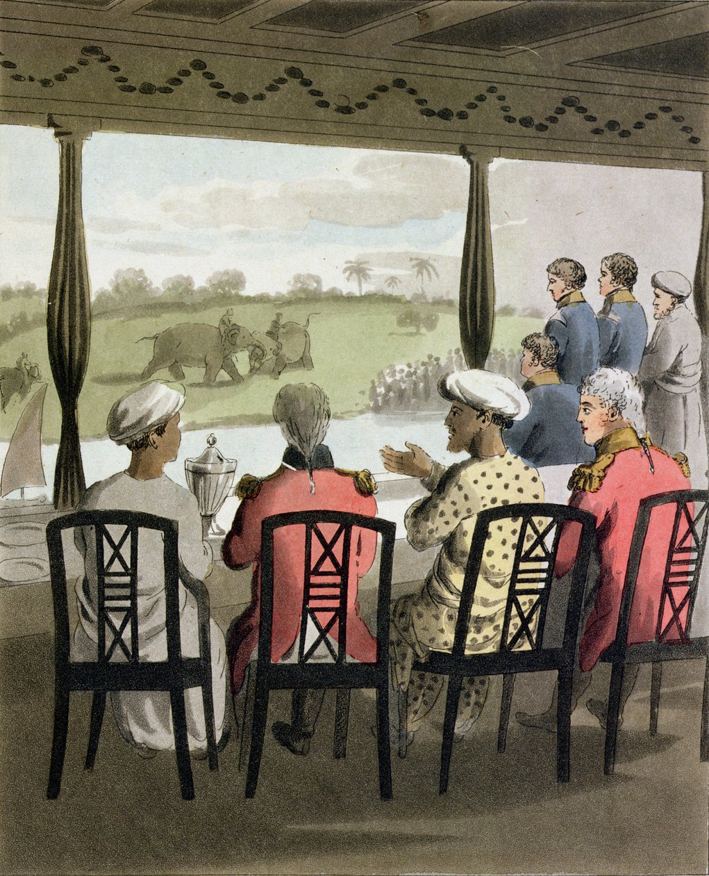 ऑडीस ब्रेकफास्ट टेबल के नबोब में मार्किस वेलेस्ली और उनका स्वीट, हाथी की लड़ाई को देखते हुए, &39;द यूरोपियन इन इंडिया&39; से प्लेट 20, 1813 (हाथ से बने एक्वाटिंट) प्रकाशित द्वारा चार्ल्स डी ओली