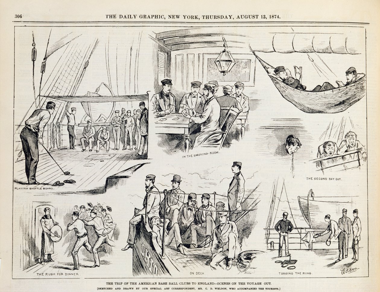 द न्यू यॉर्क डेली ग्राफिक, 1874 में प्रकाशित अमेरिकन बेसबॉल क्लब्स टू इंग्लैंड (द वॉयज आउट) द्वारा चार्ल्स वेल्ड