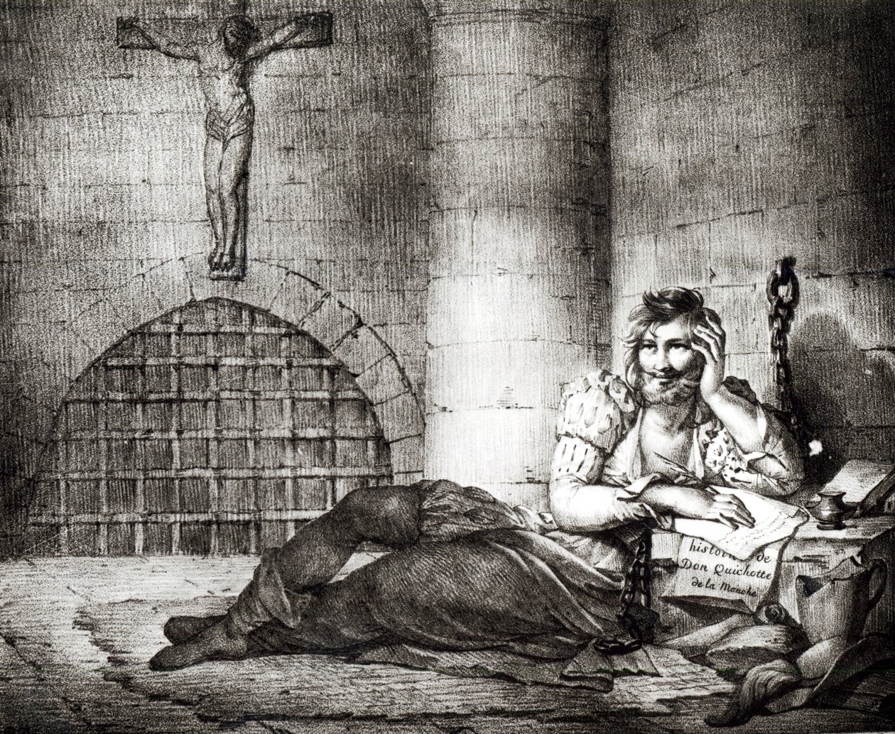 मिगुएल डे ग्रीवांटस सावेद्रा (1547-1616) एक पूछताछ कालकोठरी में &39;डॉन क्विक्सोट&39; लिख रहे हैं द्वारा चार्ल्स इटियेन पियरे मोट्टे
