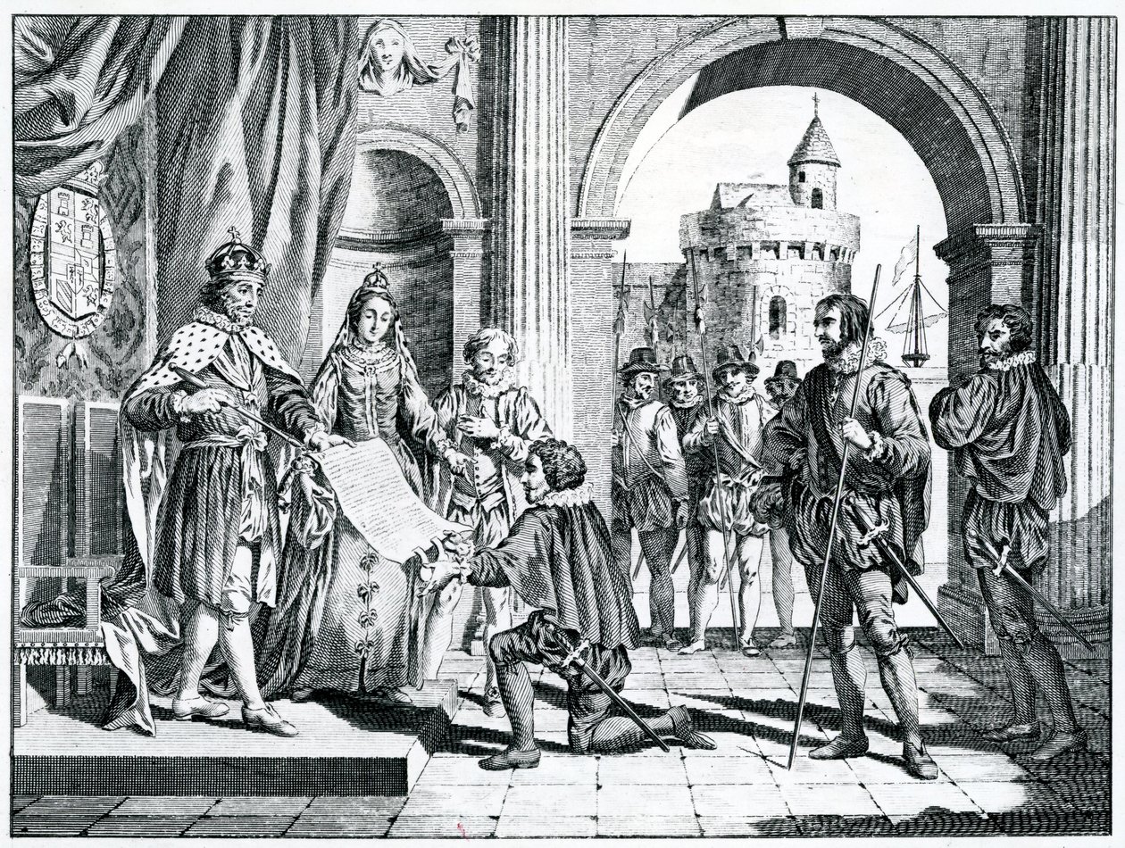 क्रिस्टोफर कोलंबस (1451-1506) ने स्पेन के राजा और रानी को अमेरिका की अपनी खोज का लेखा-जोखा पेश किया द्वारा चार्ल्स ग्रिग्नेशन