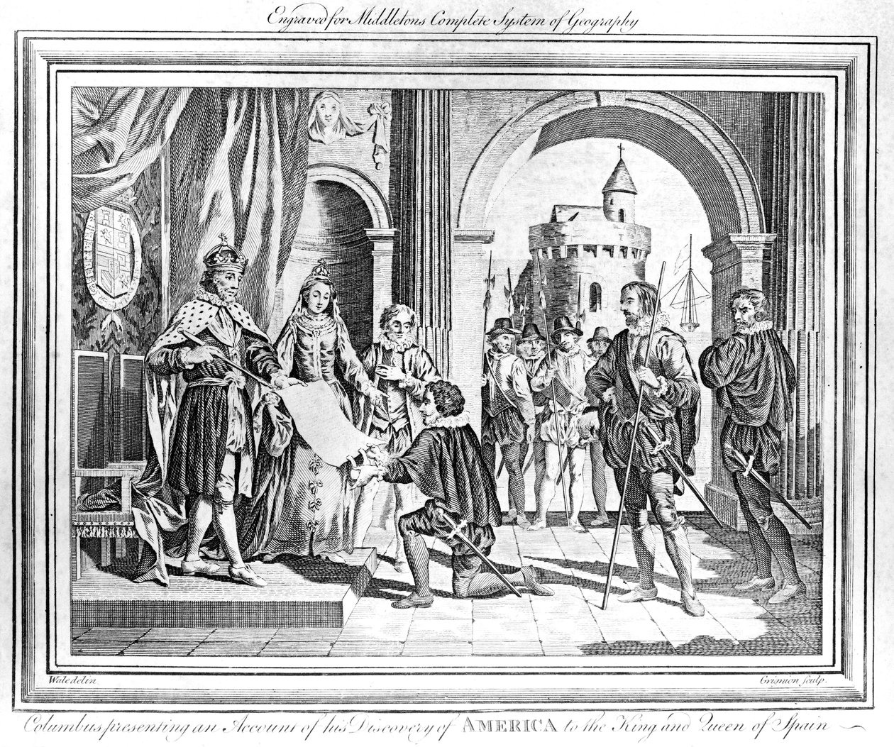 क्रिस्टोफर कोलंबस (1451-1506) ने स्पेन के राजा और रानी को अमेरिका की अपनी खोज का लेखा-जोखा पेश किया द्वारा चार्ल्स ग्रिग्नेशन
