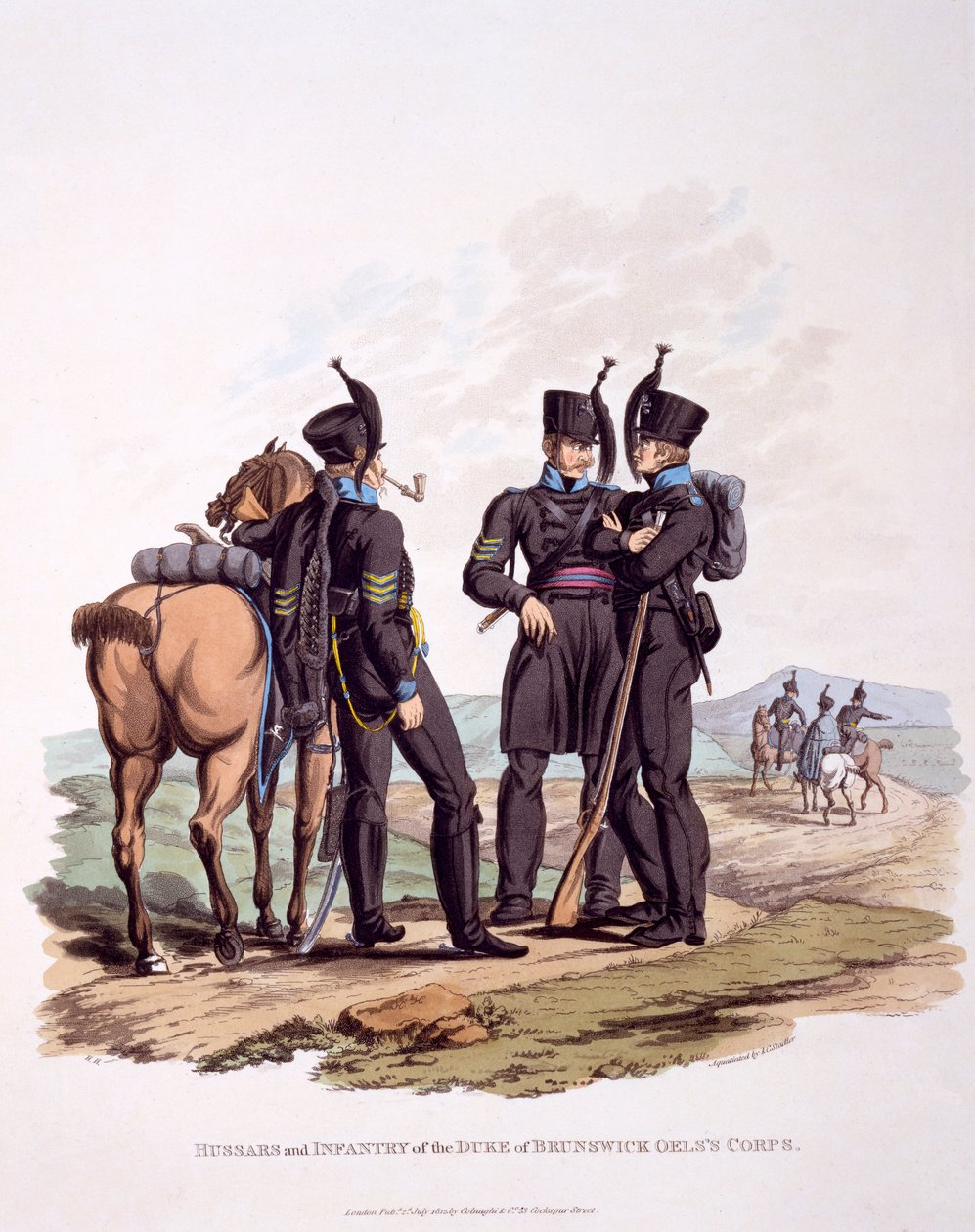 1812 (हाथ से बने एक्वाटिंट) के अनुसार &39;ब्रिटिश साम्राज्य की वेशभूषा, ब्रिटिश साम्राज्य की वेशभूषा से हुसर्स अंड इन्फैंट्री और ड्यूक ऑफ ब्रंसविक ओल्स कोर की वर्दी द्वारा चार्ल्स हैमिल्टनस्मिथ