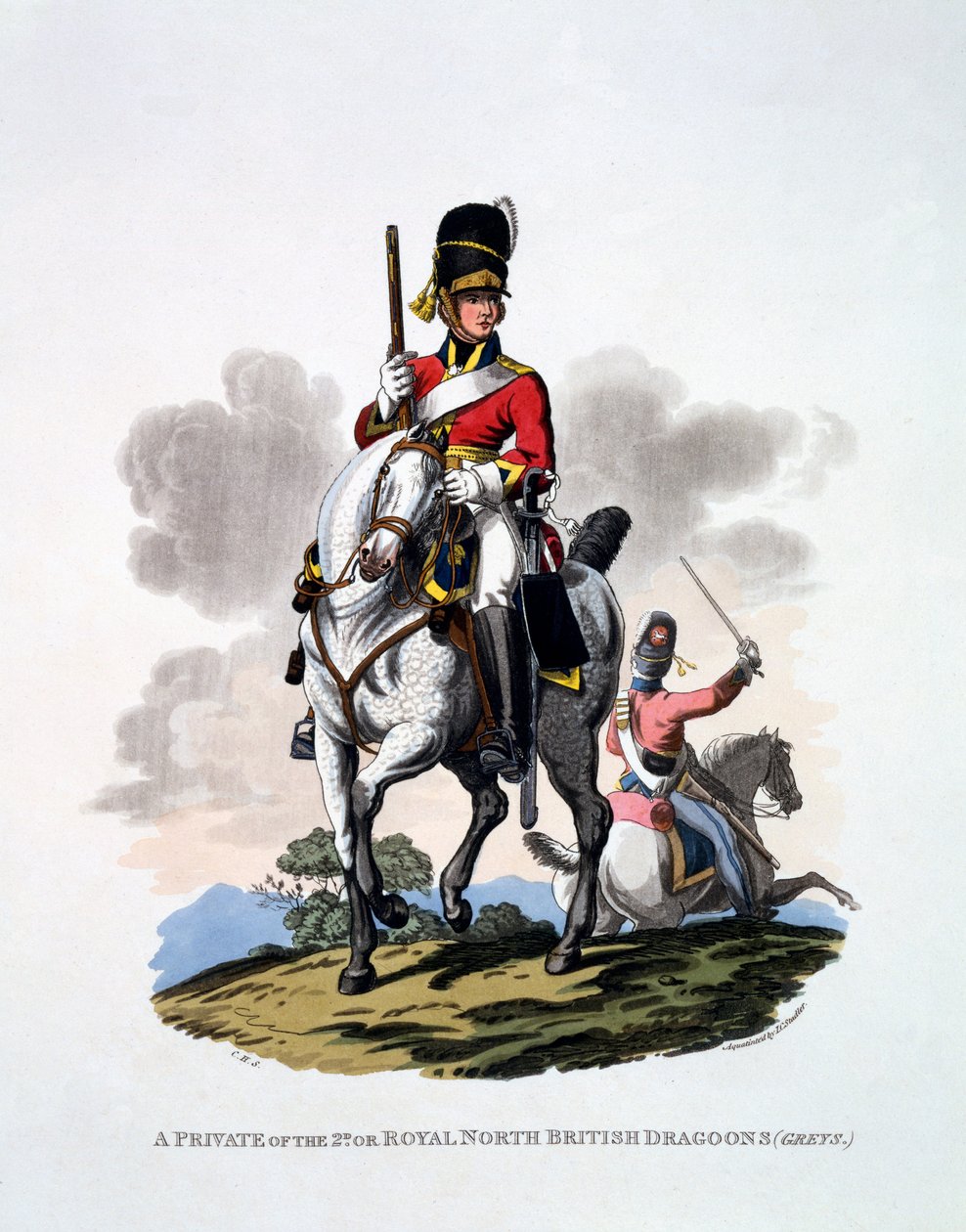 लास्ट रेगुलेशंस (हैंड-कलर्ड एक्वाटिंट) के अनुसार 2 या रॉयल नॉर्थ ब्रिटिश ड्रैगन्स के एक निजी, &39;द ग्रेज़&39; की &39;कॉस्ट्यूम ऑफ़ द ब्रिटिश एम्पायर&39; द्वारा चार्ल्स हैमिल्टनस्मिथ