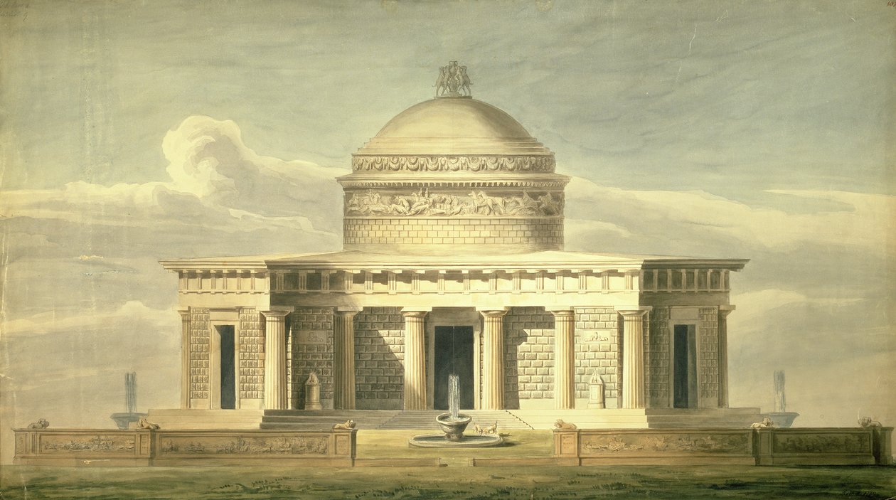 एक केन निवास के लिए सर जॉन सोइन की (1752-1837) डिजाइन की प्रतिलिपि, मूल रूप से 1779 में बनाई गई, c.1835 (कागज पर कलम और स्याही और wc) द्वारा चार्ल्स जेम्स रिचर्डसन