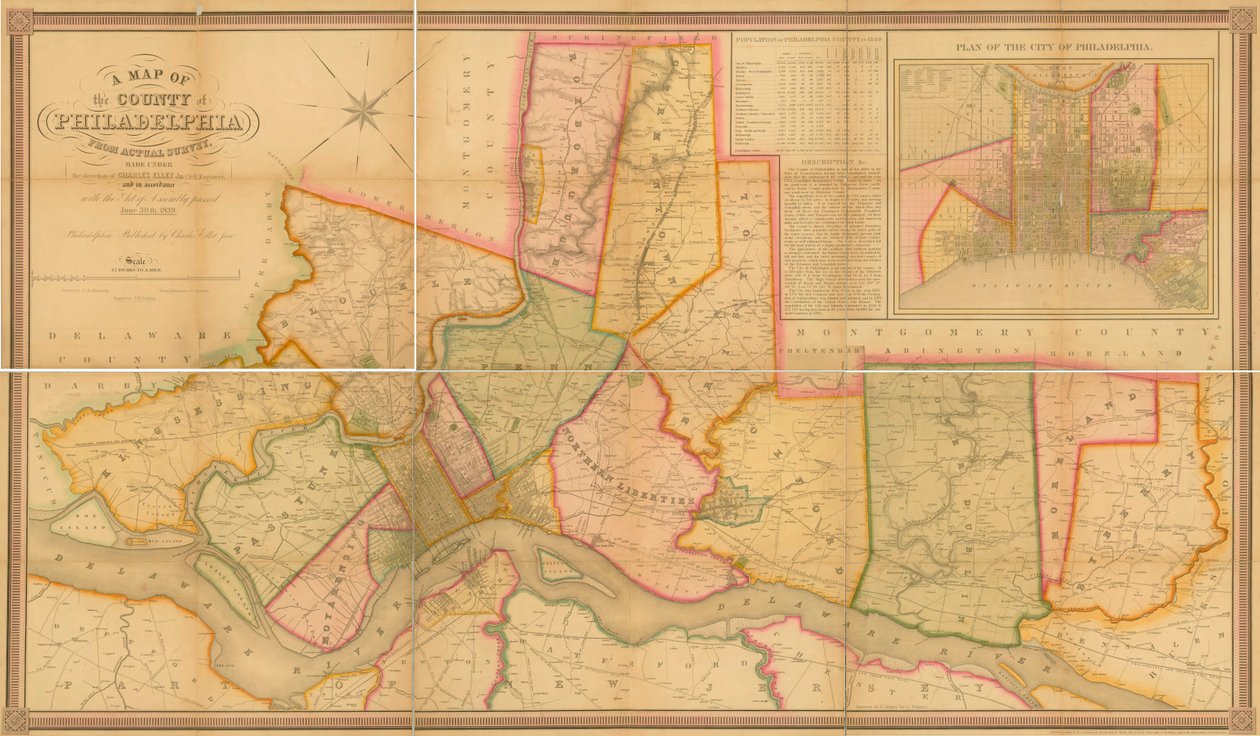 वास्तविक सर्वेक्षण, 1843 से फिलाडेल्फिया काउंटी का मानचित्र द्वारा चार्ल्स जूनियर एललेट