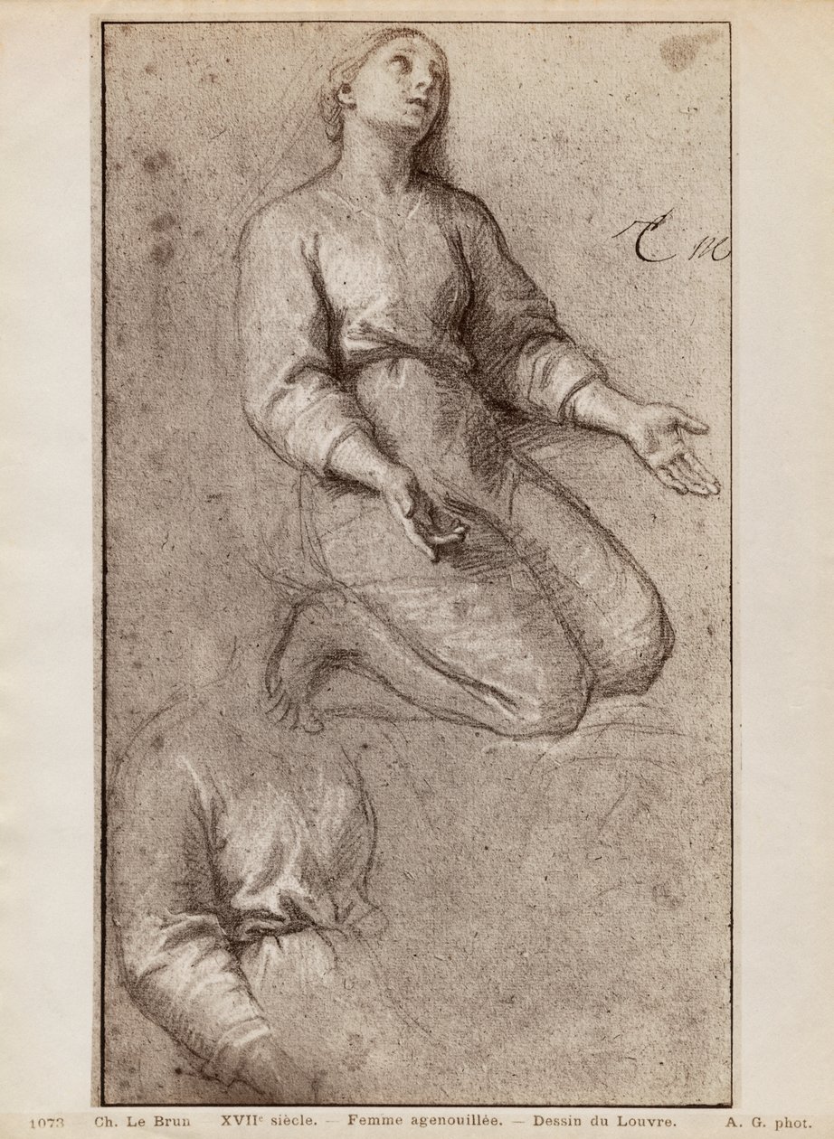 घुटने टेकने वाली महिला, c.1685 (बेज पेपर पर पियरे नायर अन वाइट चॉक) द्वारा चार्ल्स ले ब्रून