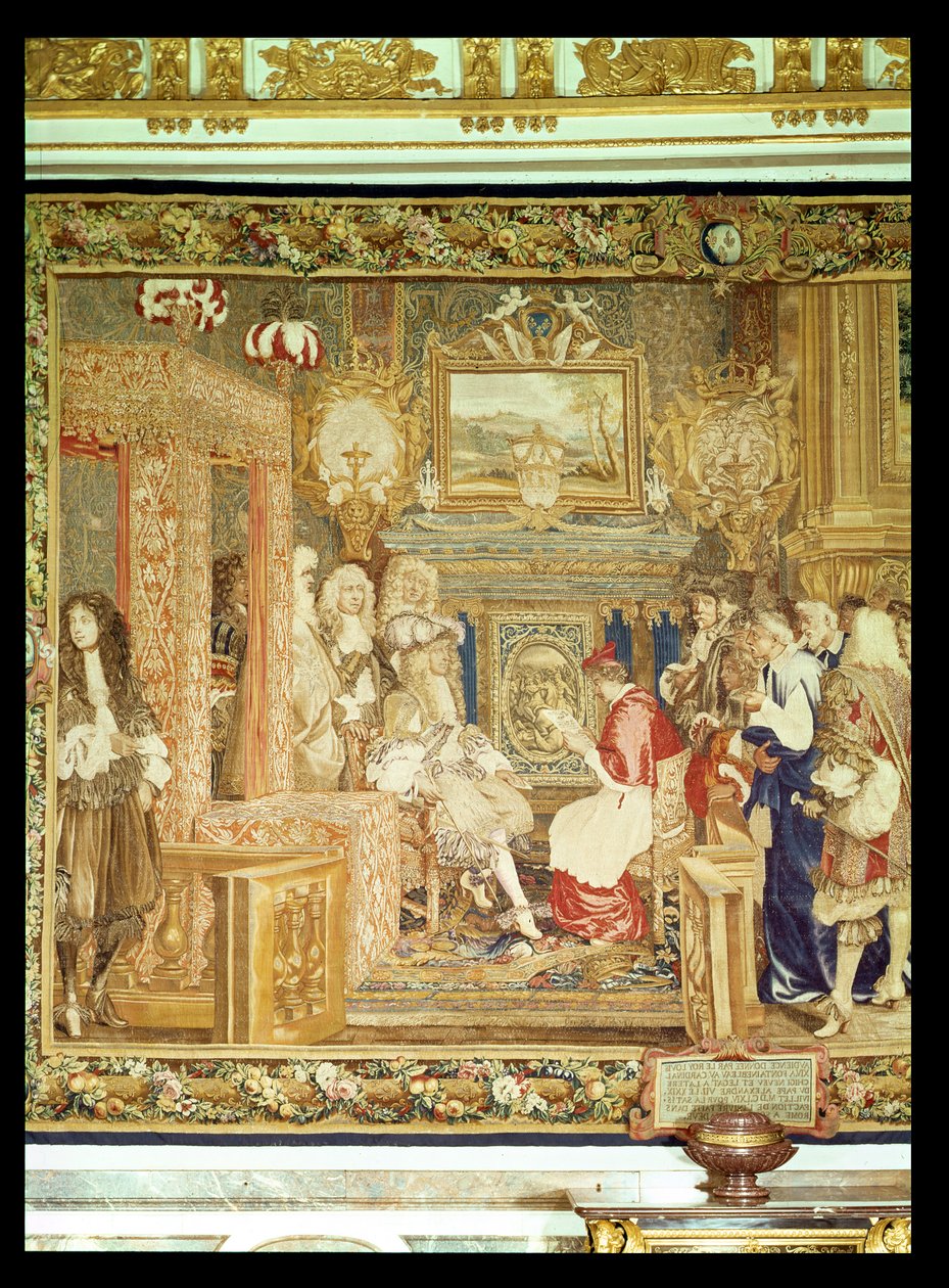 लुईस XIV (1638-1715) फॉनटेनब्लियू में पैपलेट लेगेट प्राप्त कर रहे हैं, एक गोबलिन्स टेपेस्ट्री से विवरण, 29 जुलाई 1664 (टेपेस्ट्री) (22905 देखें) द्वारा चार्ल्स ले ब्रून
