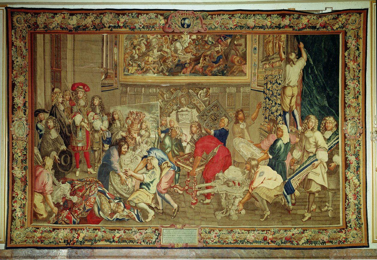 लुई XIV (1638-1715) 15 अक्टूबर 1667 (टेपेस्ट्री), गोबेलिन्स कारखाने का दौरा करते हुए द्वारा चार्ल्स ले ब्रून