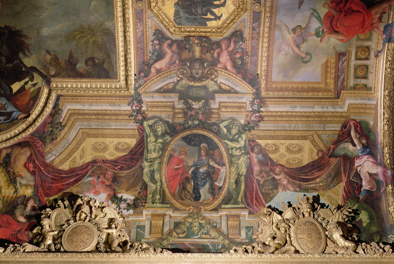 1664 में कोर्सीकन हमलों के लिए प्रायश्चित, Galerie des Glaces से सीलिंग पेंटिंग द्वारा चार्ल्स ले ब्रून