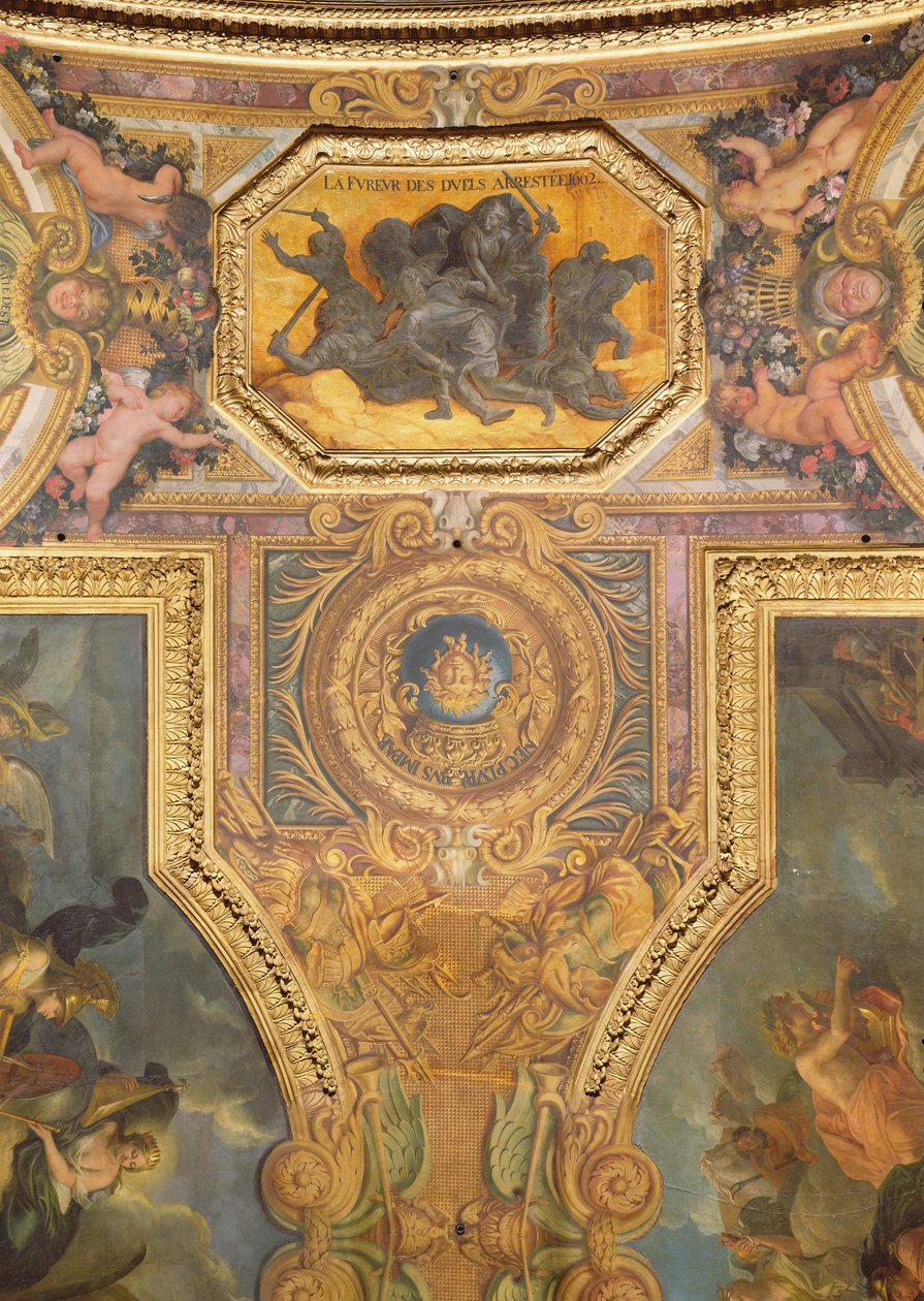 1662 में Duels के लिए उन्माद की समाप्ति, Galerie des Glaces से सीलिंग पेंटिंग द्वारा चार्ल्स ले ब्रून