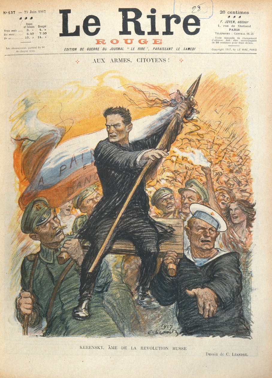 अलेक्जेंडर केरेन्स्की (1881-1970) का कैरिकेचर, 30 जून 1917 को फ्रांसीसी पत्रिका &39;ले रेयर&39; का कवर द्वारा चार्ल्स लिएंड्रे