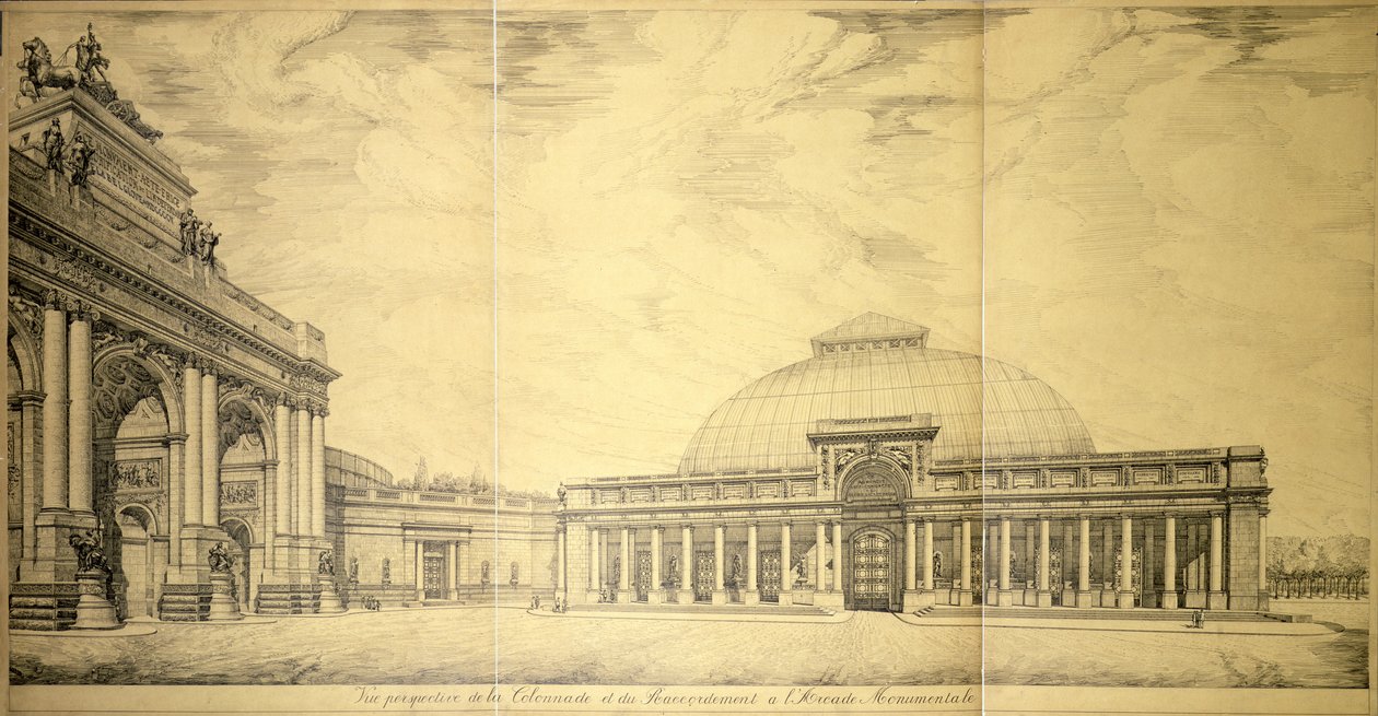 ट्रम्पल आर्क और पैलिस डु सिनक्वेनेयर, ब्रुसेल्स, 1906 के अर्धवृत्ताकार उपनिवेशी पंखों में से एक द्वारा चार्ल्स लुइस गिरौल्ट