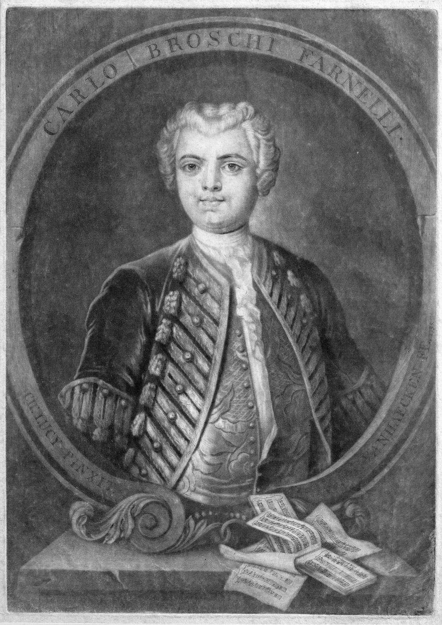 कार्लो ब्रोची फारिनेली का पोर्ट्रेट (1705-82), इतालवी अरारटो, अलेक्जेंडर वॉन हैकेन (1701-58), 1735 द्वारा उत्कीर्ण द्वारा चार्ल्स लुसी