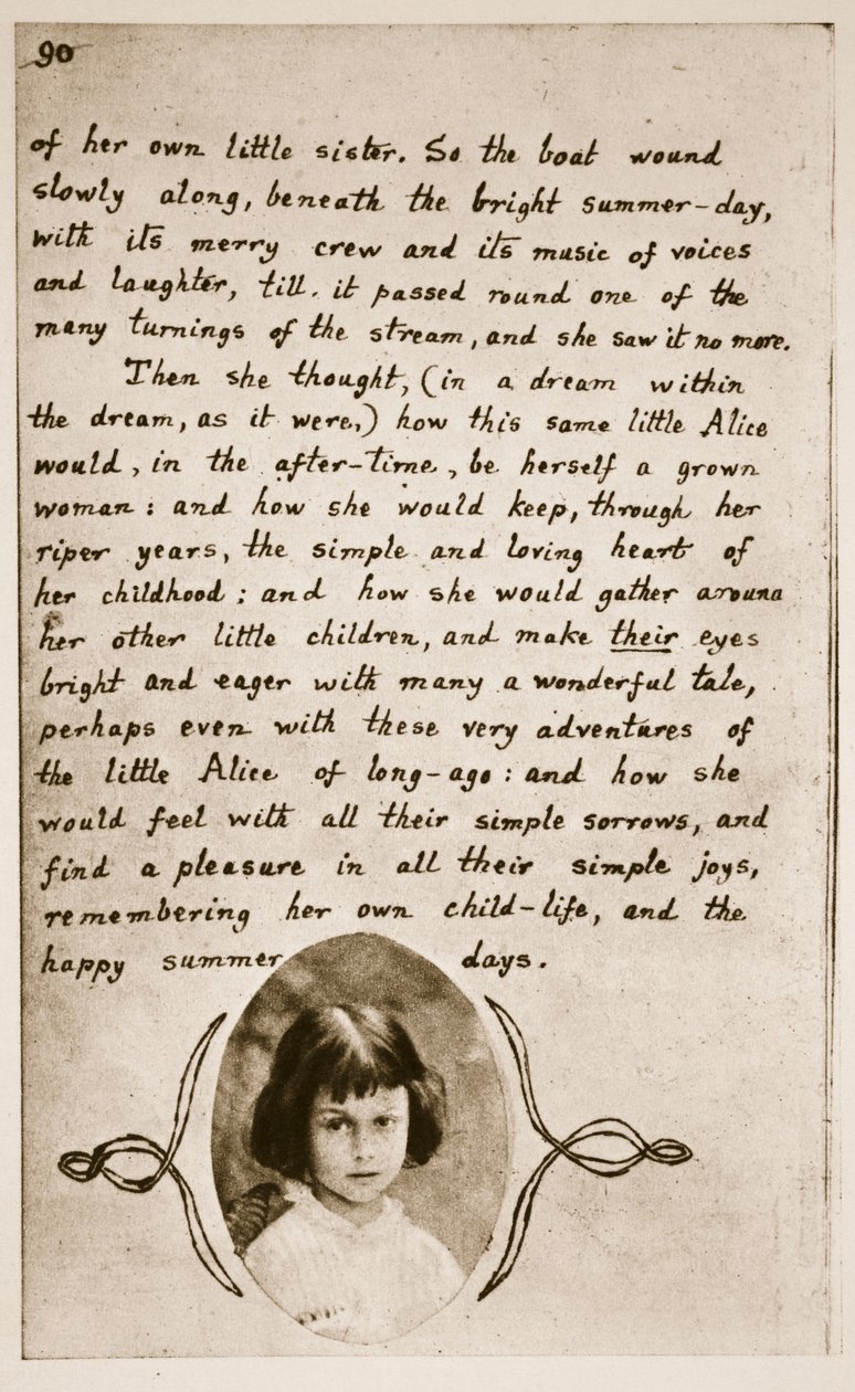 ऐलिस लिडेल &39;ऐलिस एडवेंचर्स अंडरग्राउंड&39; के अंतिम पृष्ठ पर, 1859 (सीपिया फोटो) द्वारा चार्ल्स लुत्विज डोड्सन