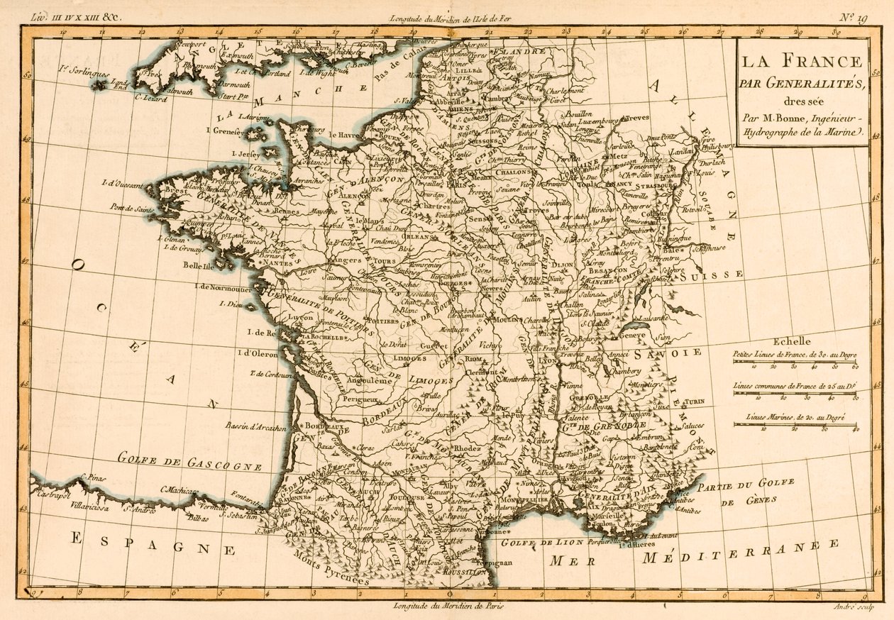गुइलियूम रायनाल (1713-96) द्वारा &39;एटलस ऑफ ऑल नोब पार्ट्स ऑफ द अर्थ ग्लोब&39; के क्षेत्र से फ्रांस, 1780 प्रकाशित द्वारा चार्ल्स मैरी रिगोबर्ट बोने